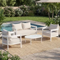 White Modern Curved Frame 4-Piece Outdoor Patio Conversation Set with Weather-Resistant Cushions