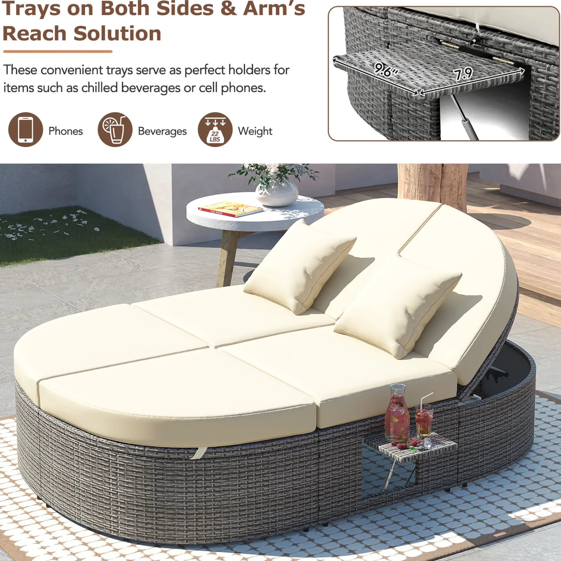 Wicker Outdoor Sun Bed Patio 2-Person Daybed with Cushions and Pillows