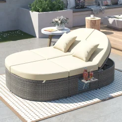 Wicker Outdoor Sun Bed Patio 2-Person Daybed with Cushions and Pillows