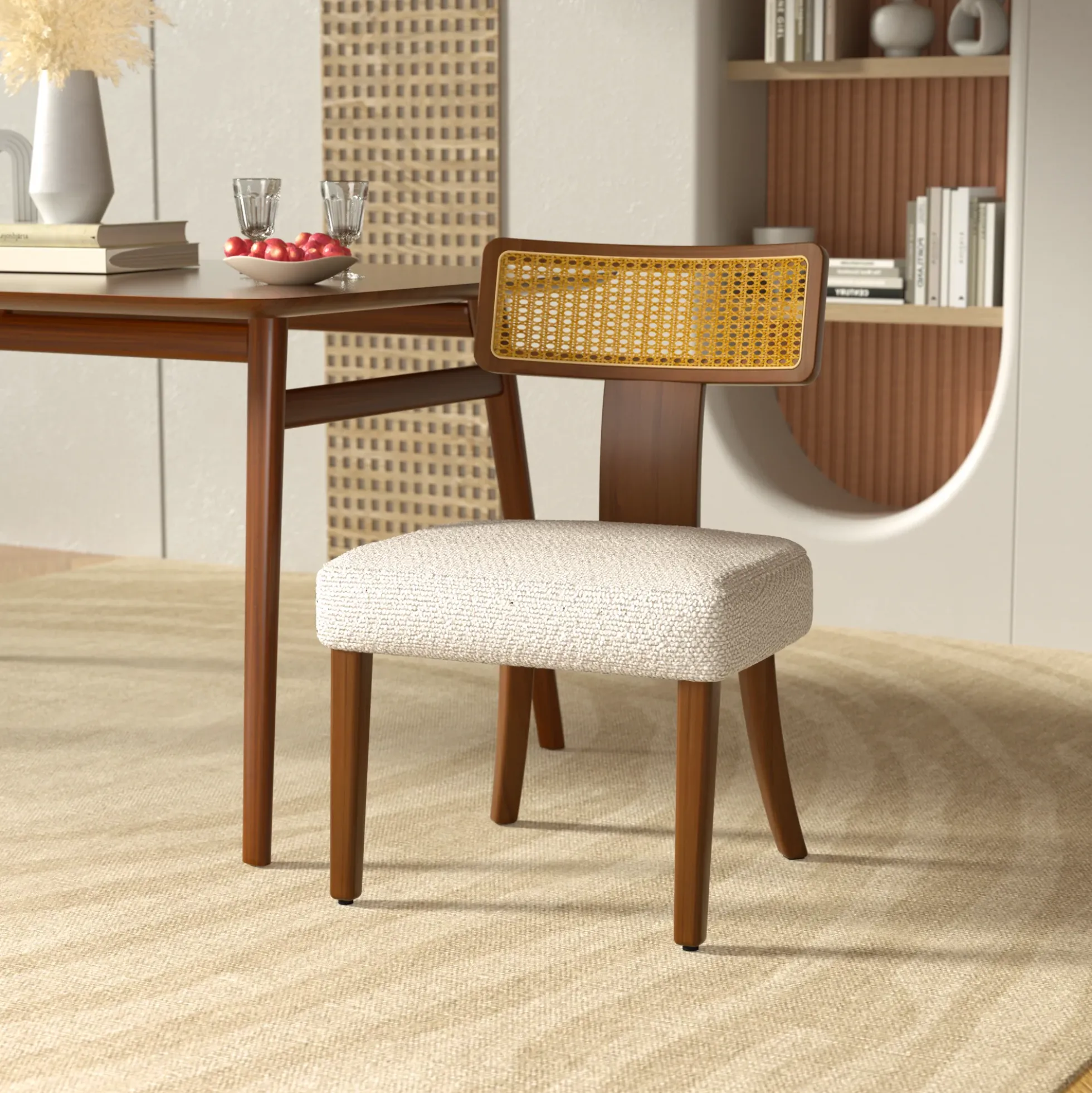 Wood and Rattan Mid Century Modern Dining Chairs Set of 2