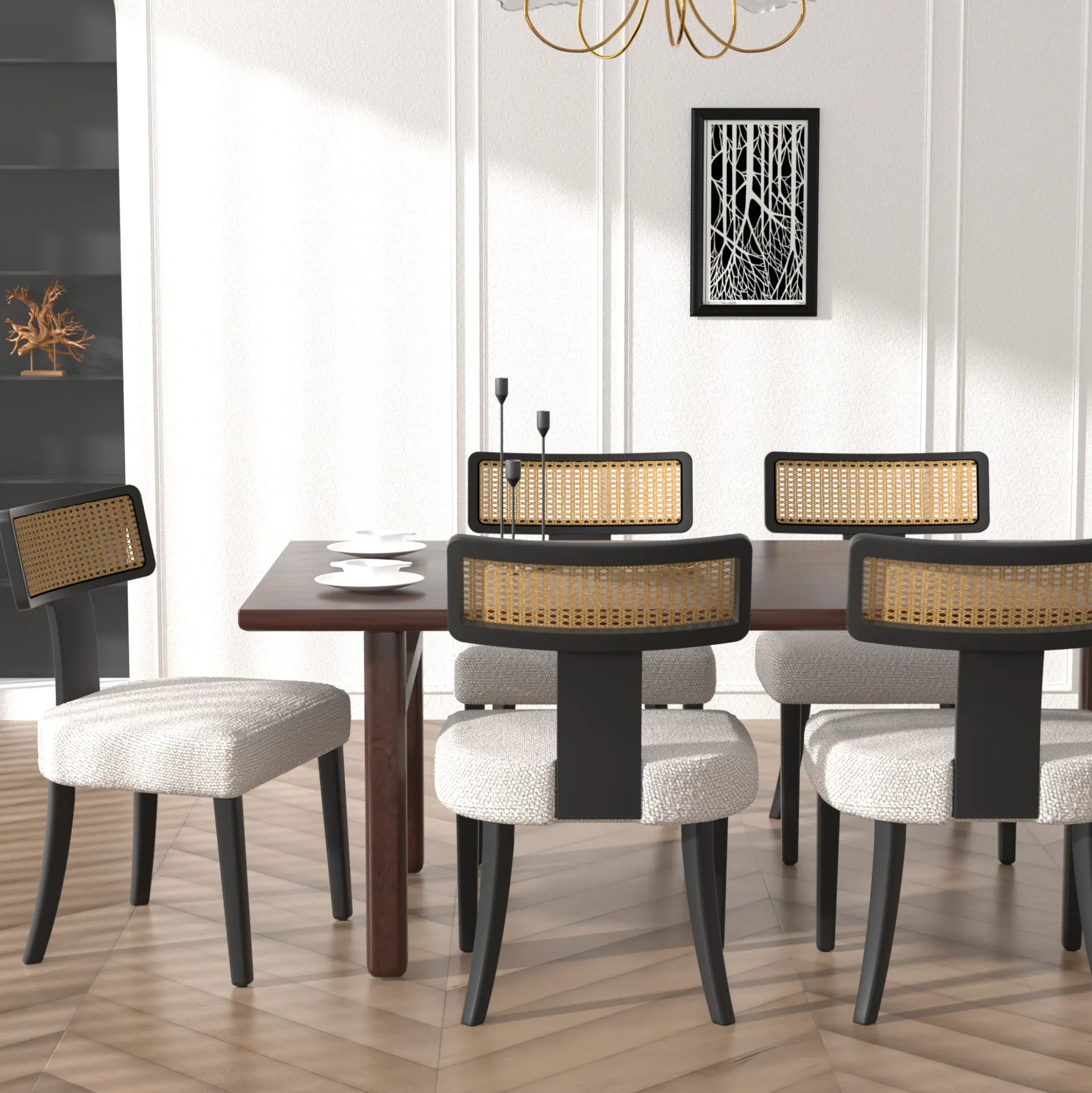 Wood and Rattan Mid Century Modern Dining Chairs Set of 2