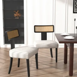 Wood and Rattan Mid Century Modern Dining Chairs Set of 2