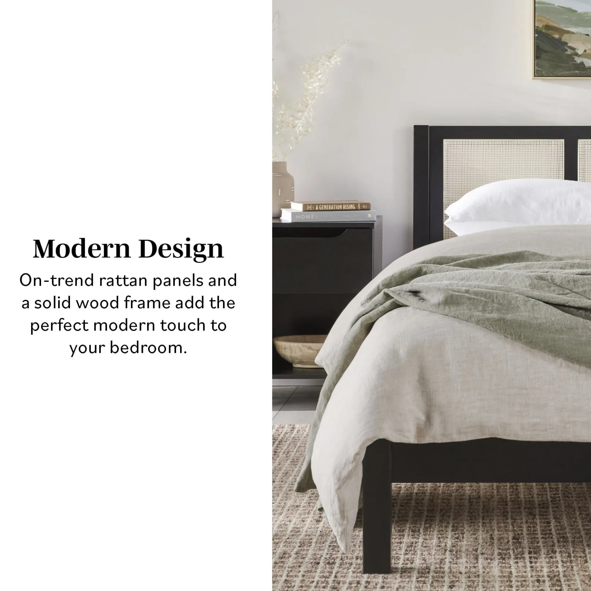 Yasmina Solid Wood Rattan Paneled Platform Bed (Queen or King)
