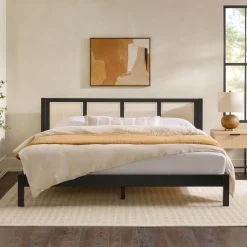 Yasmina Solid Wood Rattan Paneled Platform Bed (Queen or King)