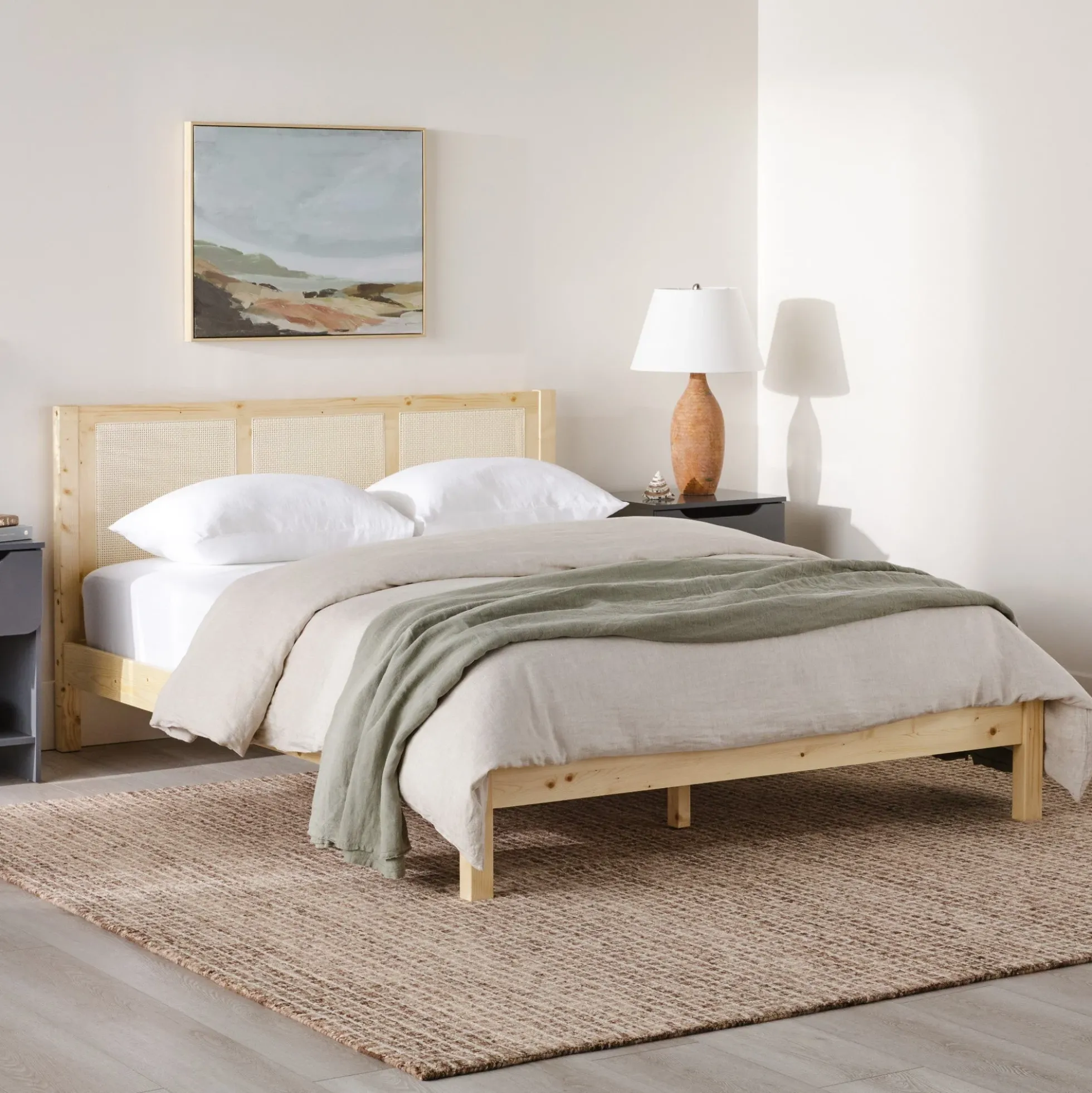 Yasmina Solid Wood Rattan Paneled Platform Bed (Queen or King)