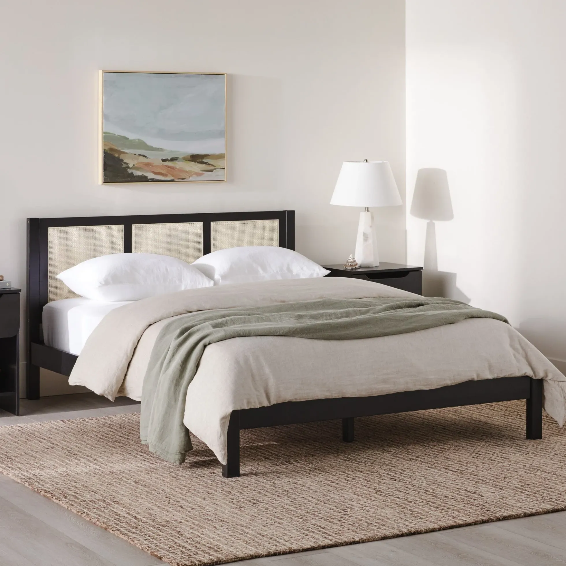 Yasmina Solid Wood Rattan Paneled Platform Bed (Queen or King)