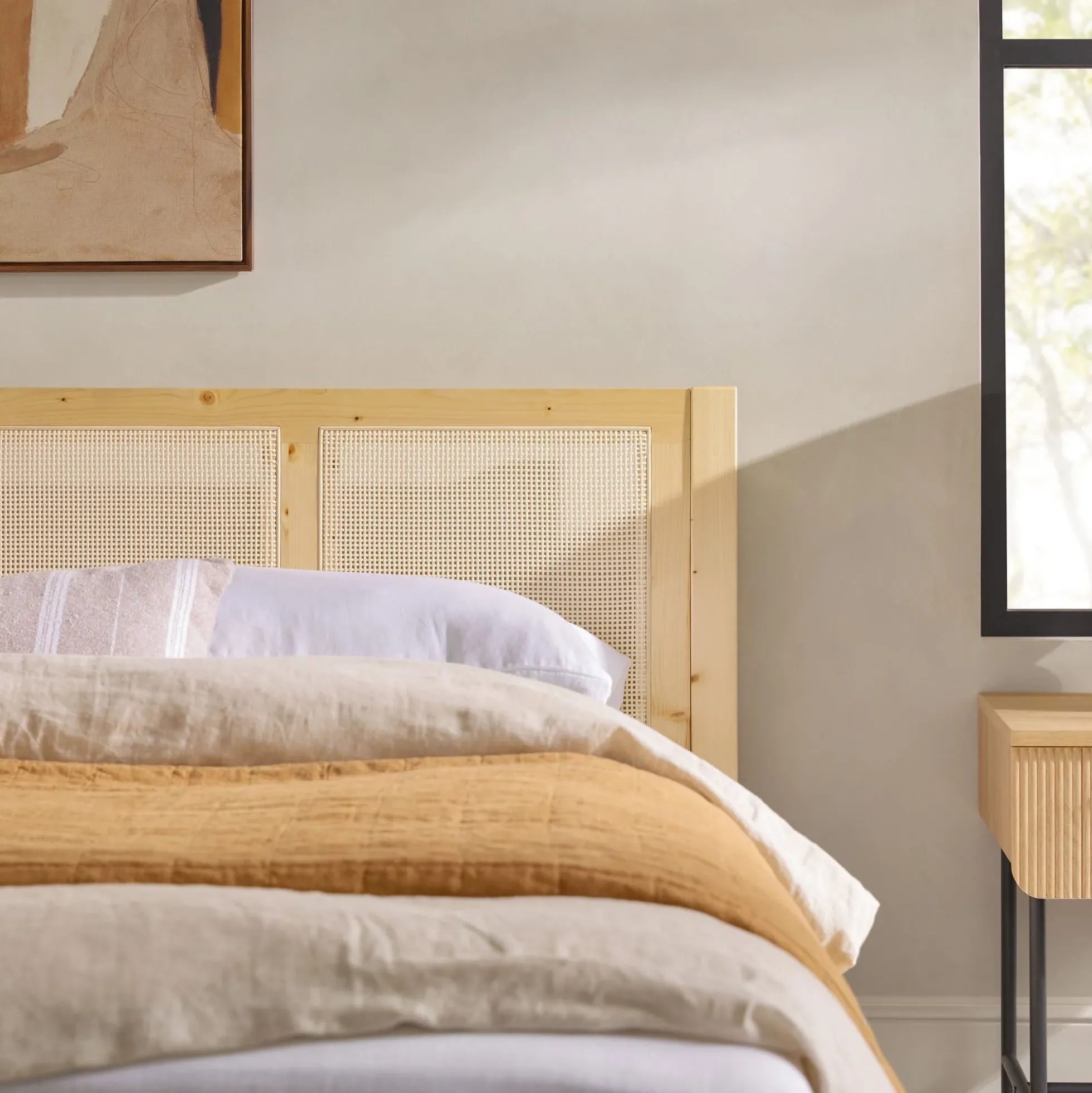 Yasmina Solid Wood Rattan Paneled Platform Bed (Queen or King)