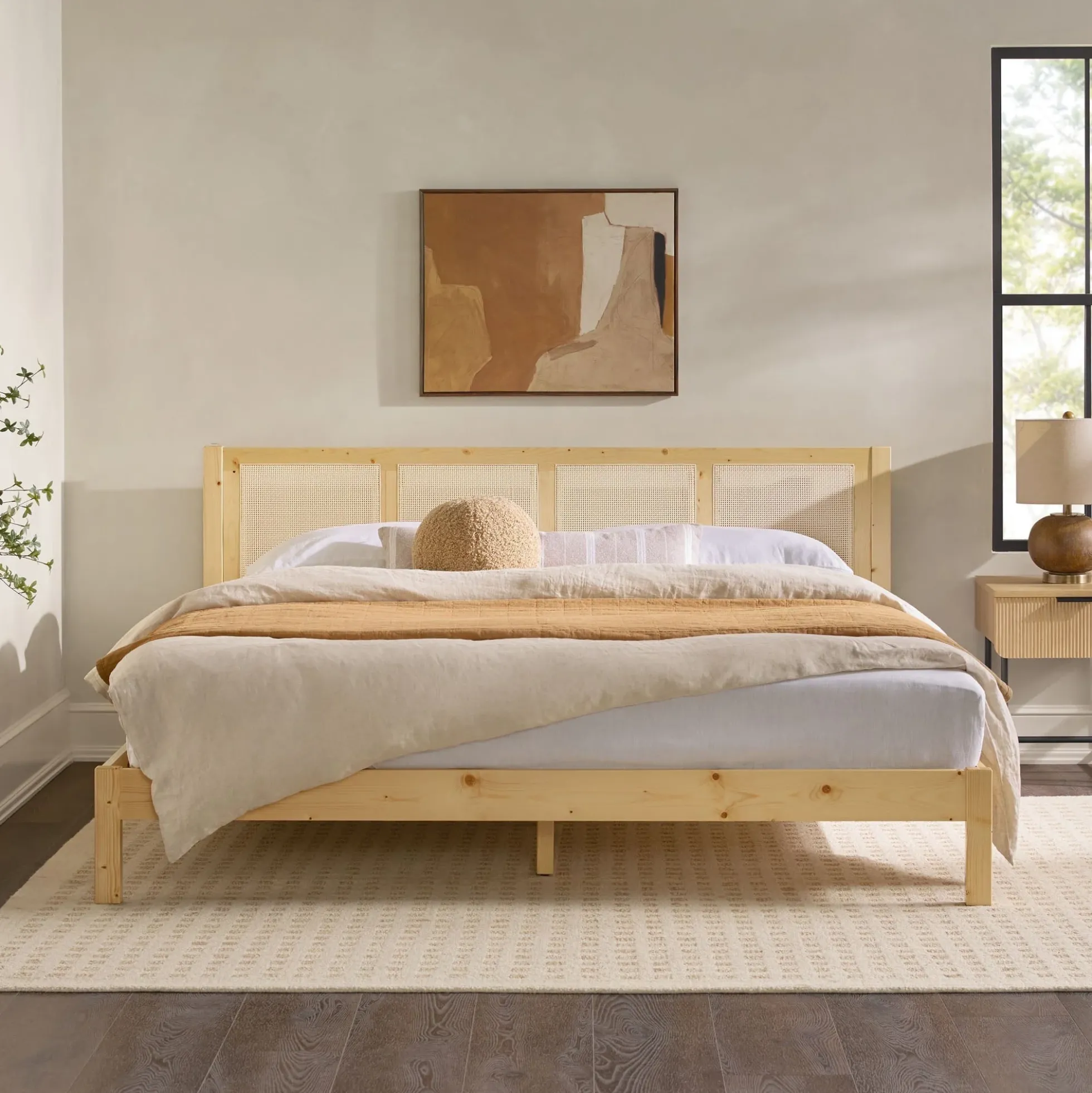 Yasmina Solid Wood Rattan Paneled Platform Bed (Queen or King)