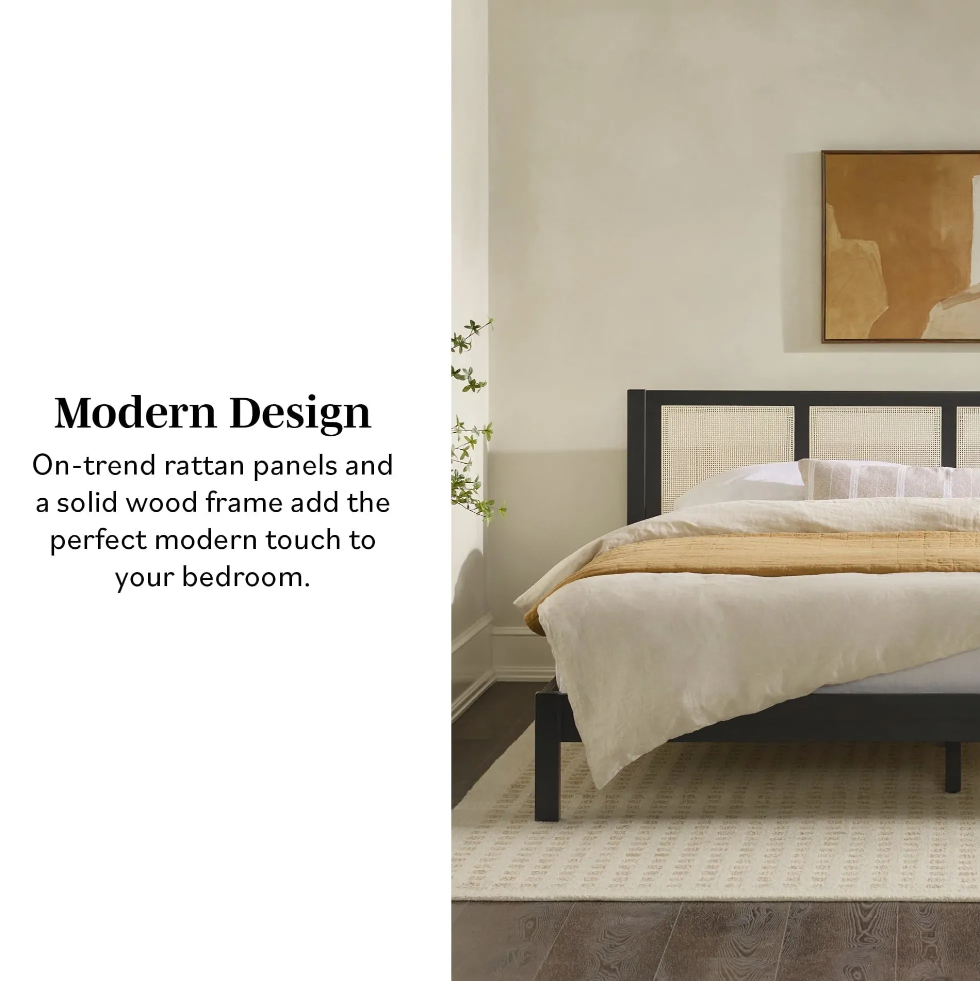 Yasmina Solid Wood Rattan Paneled Platform Bed (Queen or King)