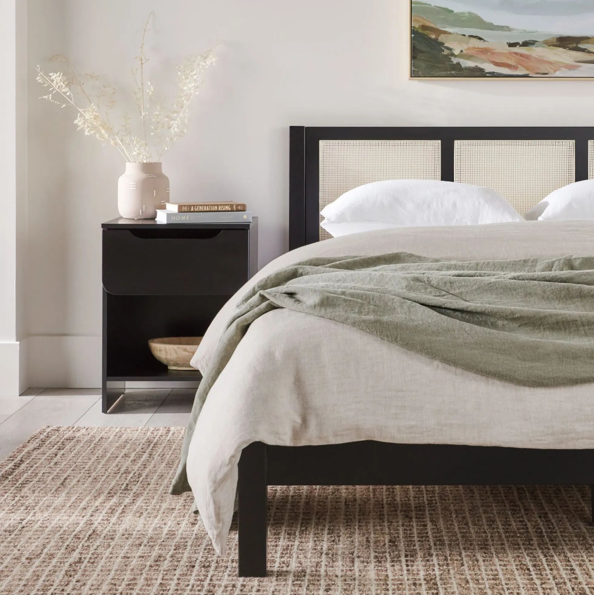 Yasmina Solid Wood Rattan Paneled Platform Bed (Queen or King)