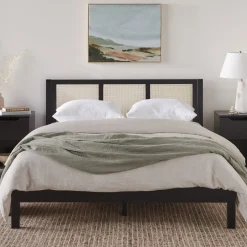 Yasmina Solid Wood Rattan Paneled Platform Bed (Queen or King)