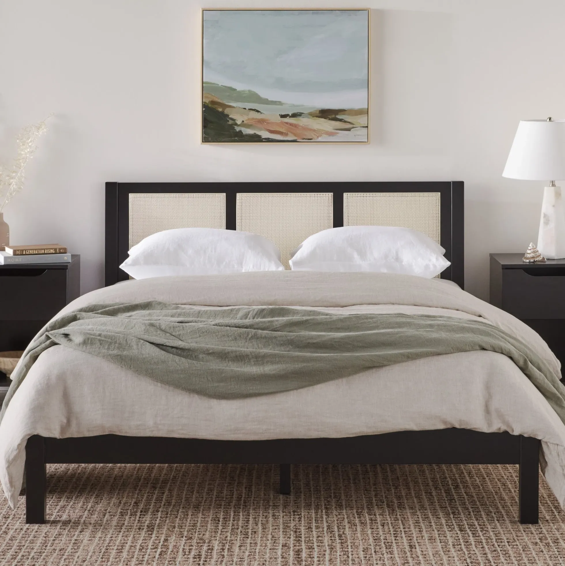 Yasmina Solid Wood Rattan Paneled Platform Bed (Queen or King)