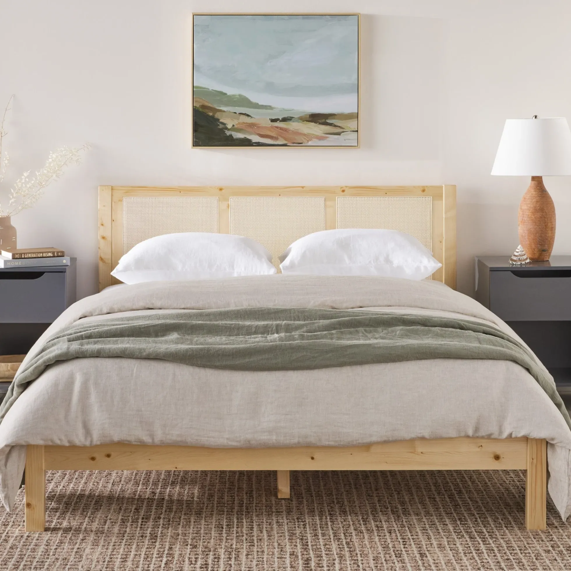 Yasmina Solid Wood Rattan Paneled Platform Bed (Queen or King)