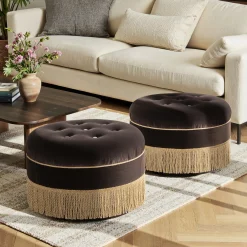 Yolanda 24' Round Upholstered Brown Accent Ottoman Performance Velvet